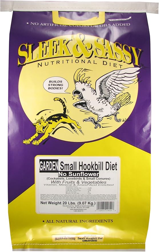 SLEEK &amp; SASSY Garden Small Hookbill No Sunflower Bird Food for Lovebirds, Cockatiels, Quaker Parrots &amp; Small Conures (20 lbs.)
