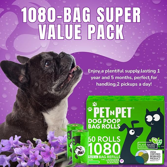 Pet N Pet 1080 Counts Green Poop Bags for Dogs, 41% Plant Based &amp; 59% PE Extra Thick Dog Poop Bags Rolls, 9" x 13", Lavender Scented Pet Waste Bag