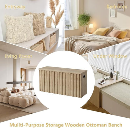 UEV Storage Bench Set of 2, 39.4" Wood Storage Trunk with 2 Safety Hinges, Sturdy Storage Chest, Fluted Storage Bench for Bedroom, Shoe Bench for Entryway, Living Room (Ivroy White)