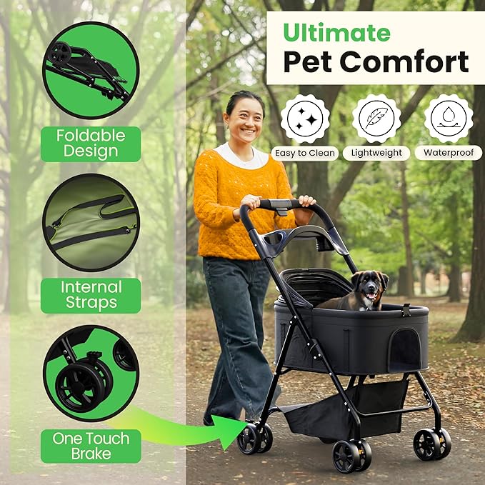 Pet Stroller 3 in 1 Foldable Dog Stroller, Cat Strollers, Foldable pet Strollers &amp; Cat Carrier, Pet Carrier, Lightweight with Cup Holder, Waterproof Max Load 66 lbs, Breathable Mesh Canopy