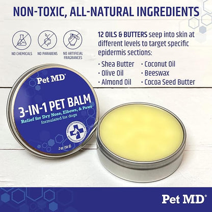 Pet MD Dog Paw Balm - 3-in-1 Paw, Nose/Snout, &amp; Elbow Moisturizer &amp; Paw Protectors for Dogs - 2 oz Paw Wax with Shea Butter, Coconut Oil, &amp; Beeswax