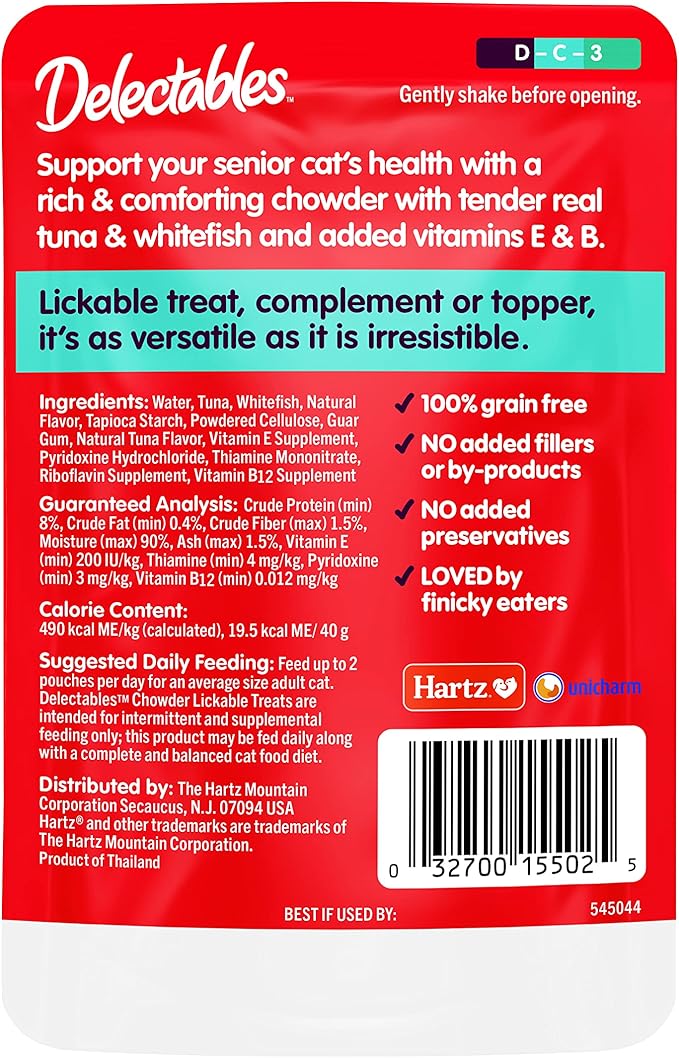 Hartz Delectables Chowder Lickable Wet Cat Treats for Senior Cats, Tuna &amp; Whitefish, 1.4 Ounce (Pack of 12)(Packaging May Vary )
