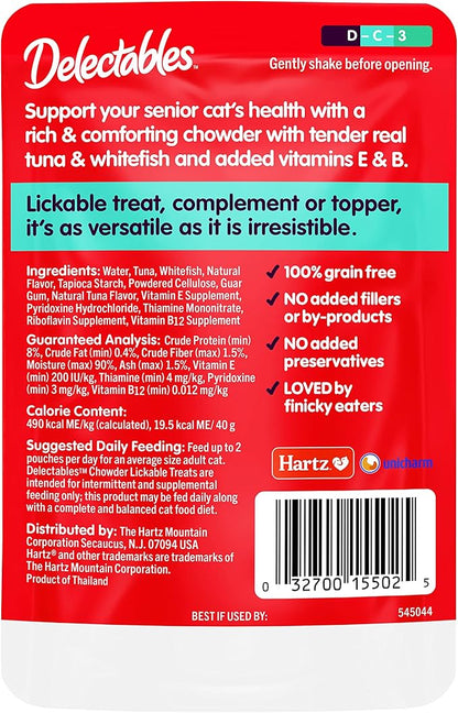 Hartz Delectables Chowder Lickable Wet Cat Treats for Senior Cats, Tuna &amp; Whitefish, 1.4 Ounce (Pack of 12)(Packaging May Vary )