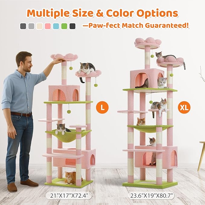 PAWZ Road Flower Cat Tree, 72 Inches Large Cat Tower with Steel Frame Hammock and 7 Scratching Posts, Tall Cat Tree with 2 Condos and Perches for Large Indoor Cats - Pink