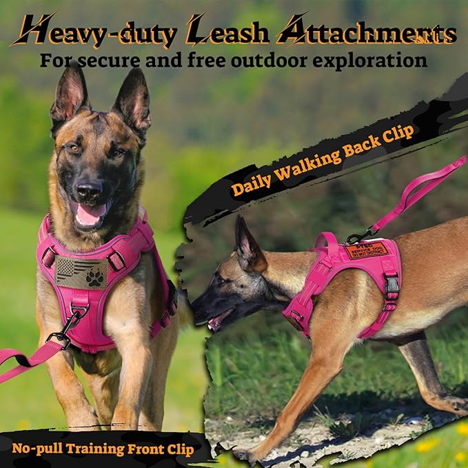 rabbitgoo Dog Harness Medium Sized No Pull, Tactical Service Pet Vest with Molle and Control Handle, Adjustable and Reflective Military Harness for Easy Walking and Training, Rose Red, M