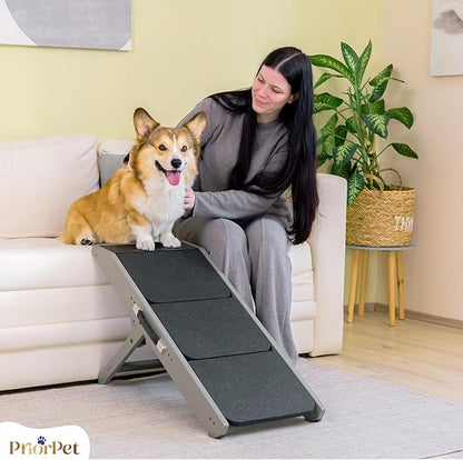 Dog Steps for Bed &amp; Couch 2-in-1 Dog Stairs/Ramp - Height Adjustable Dog Ramp for Couch 7” - 20” - Pet Stairs, Dog Stairs for Small Dogs - Easy to Move Pet Steps with Landing Platform, Gray
