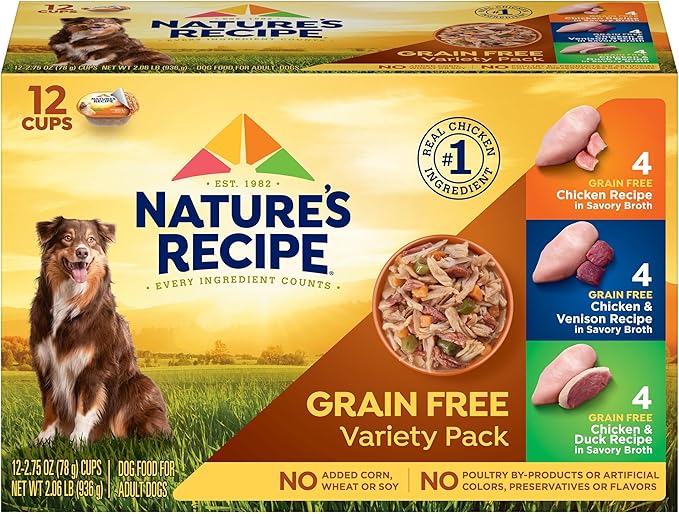 Nature’s Recipe Grain Free Chicken Recipe, Chicken &amp; Venison Recipe and Chicken &amp; Duck Recipe in Savory Broth Variety Pack Wet Dog Food, 12-2.75 oz. Cups, 2 Count