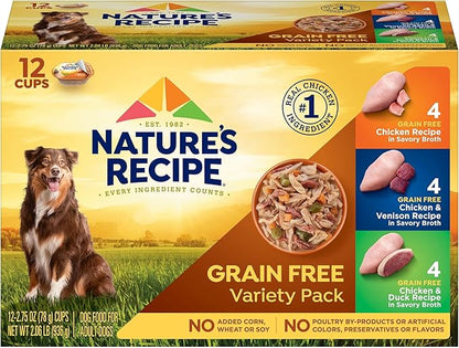 Nature’s Recipe Grain Free Chicken Recipe, Chicken &amp; Venison Recipe and Chicken &amp; Duck Recipe in Savory Broth Variety Pack Wet Dog Food, 12-2.75 oz. Cups, 2 Count