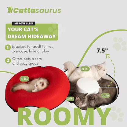 CATTASAURUS Peekaboo Cat Cave for Multiple &amp; Large Cats Up to 30-45 Lbs, Scratch Detachable &amp; Washable Tunnel Bed, Comfy Donut Cat Cave (Ruby Snowball, Large)