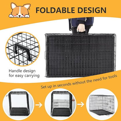 FDW Dog Crate Dog Kennel Cage with Double Door,36 inch Folding Metal Wire Dog Cage with Removable Tray&amp;Divider Panel,Pet Crate for Medium Dogs,Black