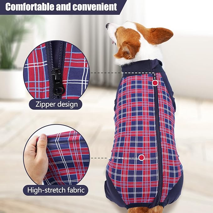 Dog Recovery Suit, Abdominal Wound After Surgery Wear, Anti Licking Bodysuit with Zipper, E-Collar &amp; Cone Alternatives, Plaid Dog Spay Surgical Onesie Prevent Shedding(2XL, Red)
