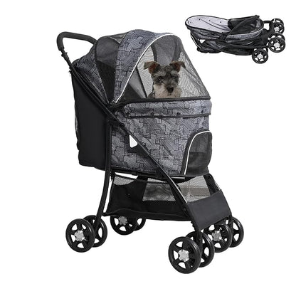 Lightweight Pet Stroller for Small/Medium Dogs and Cats - Foldable Travel Carriage with Storage Basket, Breathable Mesh &amp; 4 Wheels - Up to 33 lbs – Black