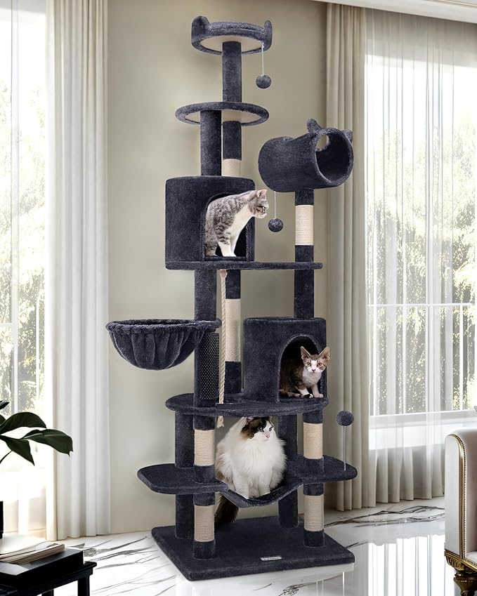 Globlazer Artistic Curved Cat Tower for Small Cats (Under 12 lbs), 81-inch Slim Design Cat Tree with Space-Saving Design, Indoor Cat Condo with Hammock &amp; Tunnel, C81, Dark Gray, Non-Large Cats