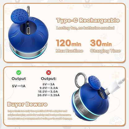 Interactive Cat Toys for Indoor Cats with 3 Mouse Tails,Electric Cat Ball Toy with Bird Chirping Sounds,Automatic Spinning Moving,300mAh Long Endurance Type-C Rechargeable,Pet Cat Supplies (Blue)
