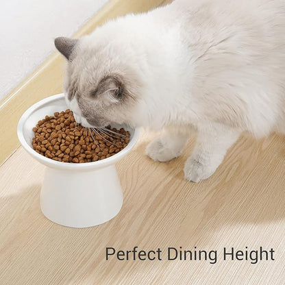 Extra Wide Elevated Ceramic Cat Bowl - 6.2" Shallow Dish for Whisker Fatigue Relief, 5" Height for Easy Feeding, Lead &amp; Cadmium Free, Durable Raised Cat Food Bowls, White