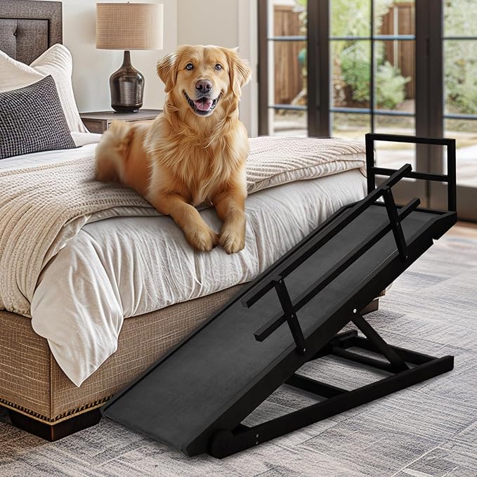 Dog Ramp, 5 Level Adjustable Wooden Folding Pet Ramp for Middle Bed, Couch,SUV-High Traction, Portable Paw Ramps for Small &amp; Large Old Dogs &amp; Cats - Furniture Quality