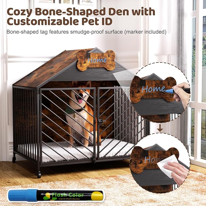 Furniture-Style Dog Crate with Gable Roof Design, Double Locking Doors Indoor Kennel for Small &amp; Medium Dogs, Chew-Proof Escape-Proof Dog Cage, Rustic Brown