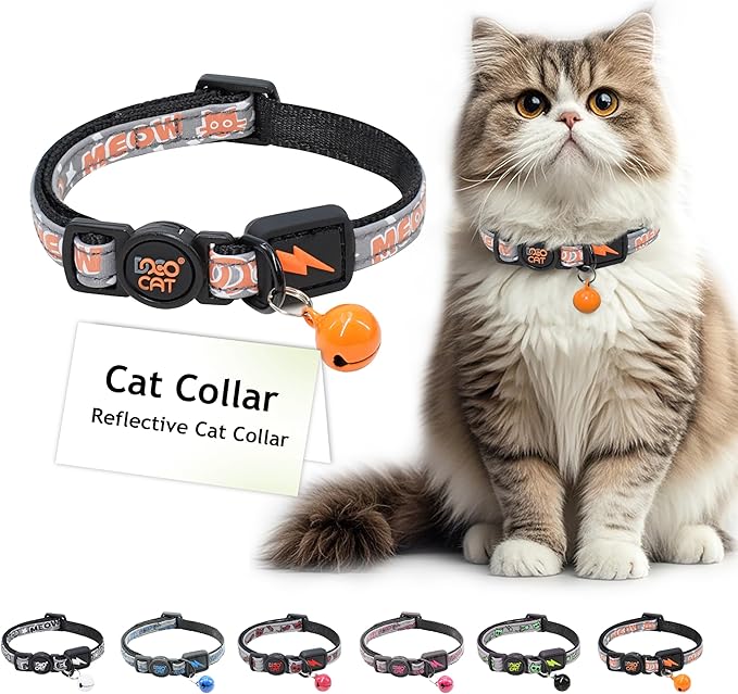 DOCO Cat Collar (Neck Girth - 3/8" x 7.5-12", Weight Upto - 13lb) Reflective Cat Collar with Bell, Breakaway Safety Buckle, Adjustable Nylon Strap for Kittens &amp; Adult Cats (Orange)