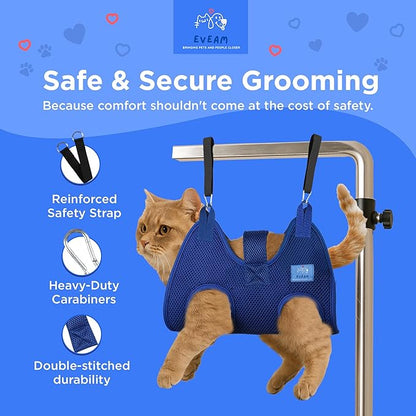 Pet Grooming Hammock for Cats &amp; Small Dogs – Nail Clipping Kit with Sling, Clippers, File, Glove, Straps &amp; Carabiners – Ideal for Trimming &amp; Ear Cleaning – [S/XS] (Blue, Extra-Small)