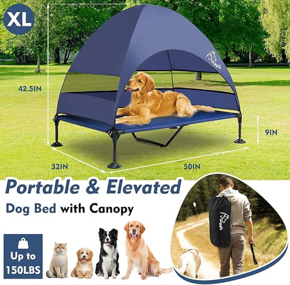 Upgraded Elevated Dog Bed with Canopy, Portable Raised Outdoor Dog Bed with Stable Anti-Slip Feet, Wider Shade Pet Bed Cot, Raised Dog Beds for Large Dogs Camping, Indoor &amp; Outdoor Use