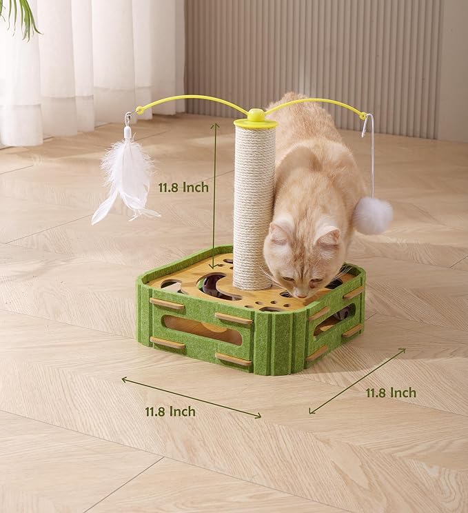 Interactive Cat Puzzle Toy - Scratching Post with Spinning Balls &amp; Feathers for Indoor Cats, Satisfies Hunting Instinct, Self-Play Mental Stimulation Game with Rolling Track