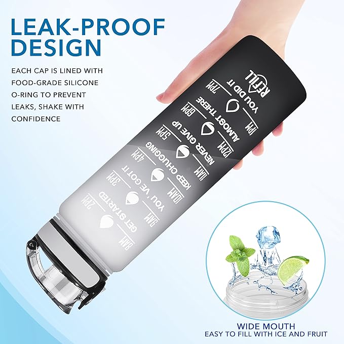 Enerbone Water Bottle, Leakproof BPA &amp; Toxic Free, Motivational Water Bottle with Times to Drink and Straw, Fitness Sports Water Bottle with Strap for Office, Gym, Outdoor Sports