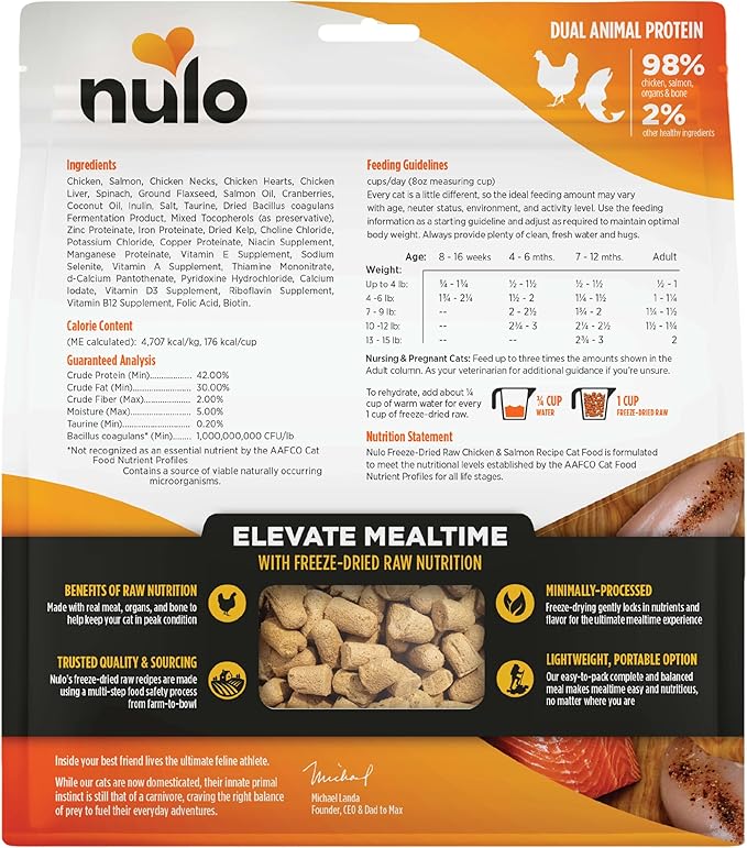 Nulo Freestyle Freeze-Dried Raw, Ultra-Rich Grain-Free Dry Cat Food for All Breeds and Life Stages with BC30 Probiotic for Digestive and Immune Health, Chicken &amp; Salmon, 16 Ounce