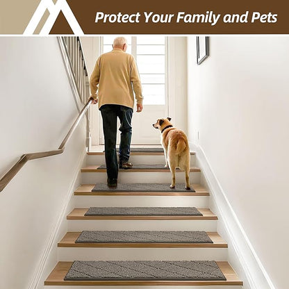 COSY HOMEER Stair Treads for Wooden Steps 9"x28" Washable Indoor Carpet Stair Treads Non Slip Soft Polyester Stair Carpet Tread Reusable Stair Runner Rugs for Kids, Elders,Pets,Light Brown,7pcs