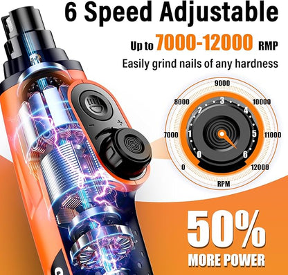Casfuy Smart 6-Speed Dog Nail Grinder - 50% More Power Pet Nail Grinder with 2 LED Lights Quiet Rechargeable Electric Dog Nail Trimmers File Toenail Grinder for Large Medium Small Dogs &amp; Cats(Orange)