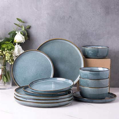 GBHOME Ceramic Dinnerware Sets for 4, 12 Pieces Stoneware Plates and Bowls Sets, Reactive Glaze Dishes -Scratch Resistant, Dishwasher&amp;Microwave Safe, Space Blue