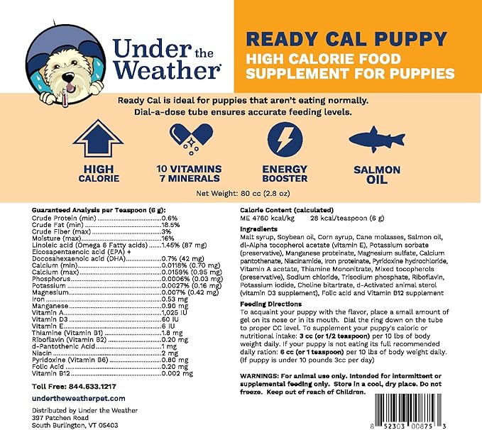 Under the Weather Pet | Ready Cal for Puppies 80cc | High Calorie Puppy Nutritional Supplement | Puppy Weight Gainer and High Calorie Booster | 10 Vitamins, 7 Minerals &amp; Omega Fatty Acids