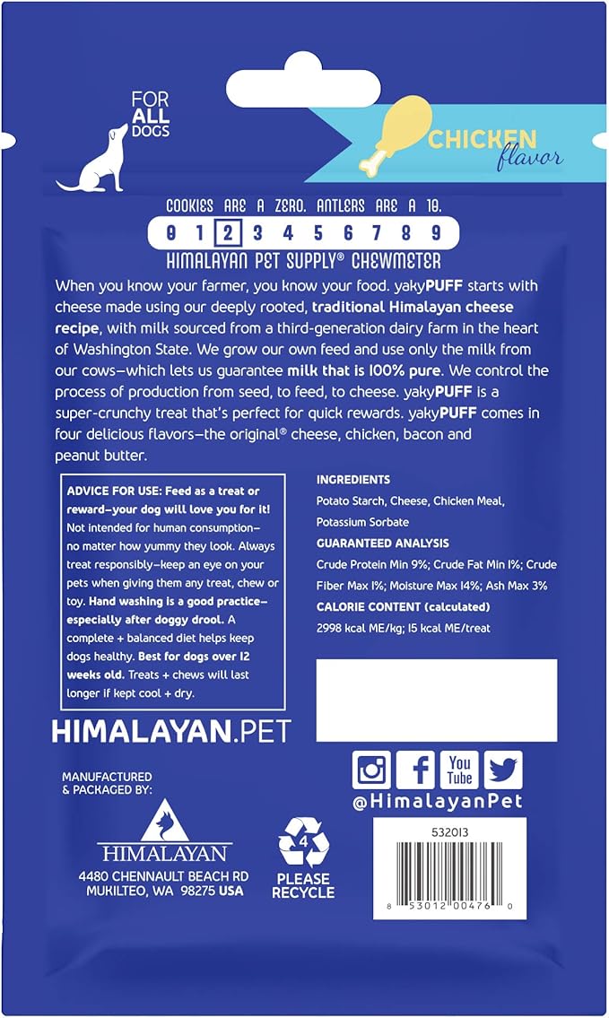 Himalayan Dog Chew Yak Cheese Treats, 100% Natural, Long Lasting, Gluten Free, Healthy &amp; Safe, Lactose &amp; Grain Free, Protein Rich, Chicken Flavor Flavor Crispy Puffed Treat, For All Breeds, 9.9 oz