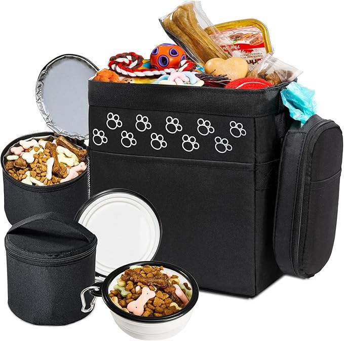 Dog Travel Bag - Airline Approved, 2 Food Containers, 2 Bowls, Treat Pouch &amp; Accessories