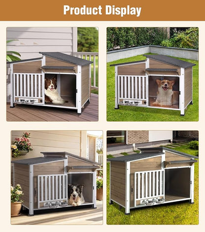 GUTINNEEN Dog House Outdoor with Anti-Chewing Metal Frame, Wooden Dog Kennel with 360° Rotating Feeding Bowl, Weatherproof Roof, for Indoor &amp; Outdoor Use - Brown