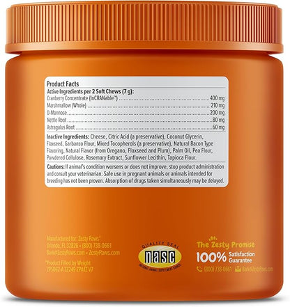 Zesty Paws Cranberry Supplement for Dogs - Bladder Control for Dogs - Urinary Tract Support - Cranberry Chews with D-Mannose, Vitamin B6 &amp; L-Arginine - Immune &amp; Gut Support - Bacon - 90 Count