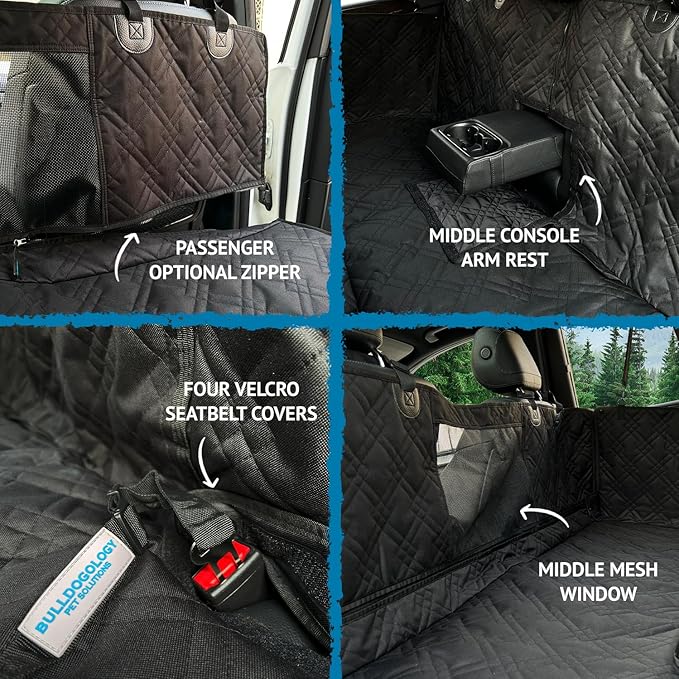 Bulldogology Dog Car Seat Cover with Mesh &amp; Zippers Waterproof Heavy Duty Dog Hammock Backseat Protector from Dog Hair, Muddy Paws, Scratches - Pet Car Seat Cover for Cars Trucks SUVs (Large, Black)