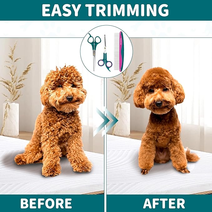 Professional Pet Grooming Kit, Stainless Steel Dog &amp; Cat Grooming Shears with Rounded Tip Blades for Safe Fur Trimming, Thinning Shears, Straight Scissors, and Pet Comb (Set of 3)