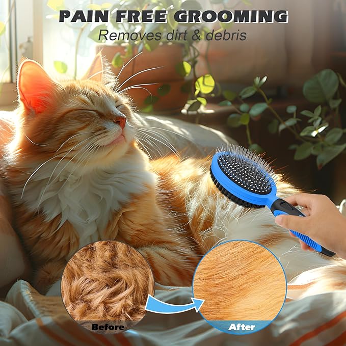 2PCS Pet Grooming Tools - Double-Sided Brush for Shedding and Bathing, Suitable for Short/Long Haired Dogs Cats and Horses, Deshedding Dog Brush, Mane &amp; Tail Combs for Horses - Pet Supplies (Blue)