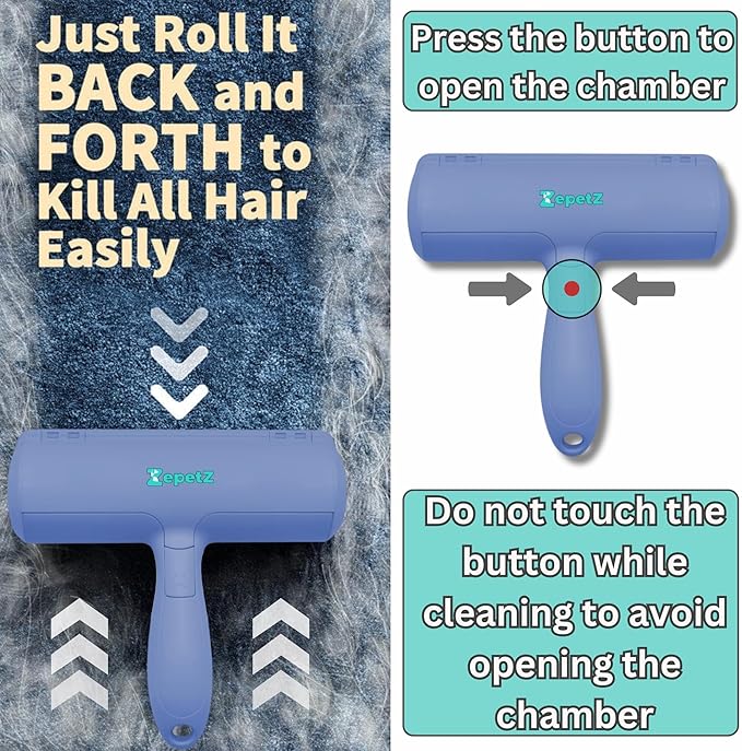 Pet Hair Removal Tool – Reusable Lint Roller for Dogs &amp; Cats – Self-Cleaning Fur Remover Brush – Ergonomic Lint Roller for Carpet, Bedding, Couch, Car Seat &amp; More (Blue)