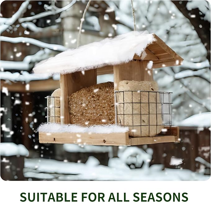 Solution4Patio US Cedar Hopper Bird Feeder for Outdoors Hanging, Handcrafted Wood Double Suet Cage &amp; Clear View Windows, Squirrel-Proof Wild Bird Feeder for Cardinals, Finches, Chickadees
