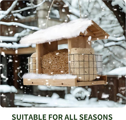 Solution4Patio US Cedar Hopper Bird Feeder for Outdoors Hanging, Handcrafted Wood Double Suet Cage &amp; Clear View Windows, Squirrel-Proof Wild Bird Feeder for Cardinals, Finches, Chickadees