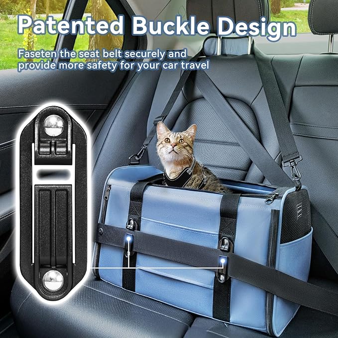 PETSFIT Soft-Sided Cat Carriers &amp; Car Seats with Patent Safe Buckles, Clip-On Harness，18"x11"x11" Airline Approved Pet Carrier - 9 lbs Capacity (Blue)