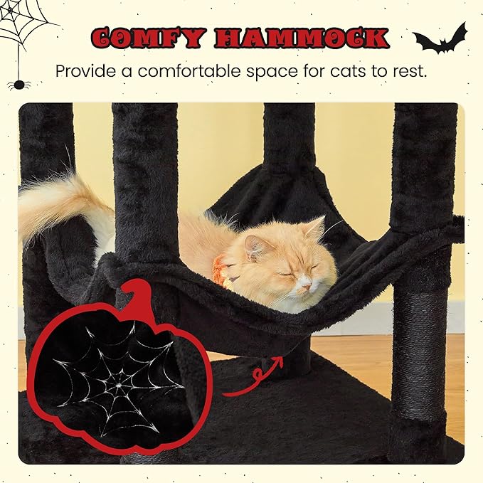 MWPO Gothic Large Cat Tree, 70.1-Inch Multi-Level Tall Cat Tower for Indoor Cats, Plush Cat Condo with Big Padded Perches, Sisal-Covered Scratching Posts, Hammock, Toys for Kittens &amp; Cats, Black