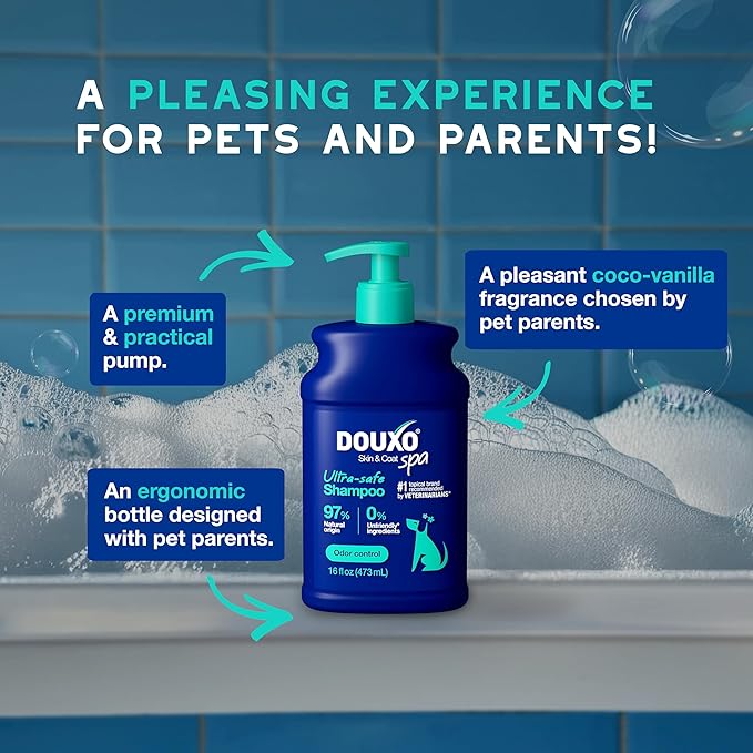 DOUXO® Skin &amp; Coat SPA - Ultra-Safe Odor Control Dog Shampoo for Smelly Dogs, 16 fl oz, Cleans and Hydrates The Skin, Removes Odor, Leaves The Coat Soft and Smelling Great, Skin-Friendly Formula