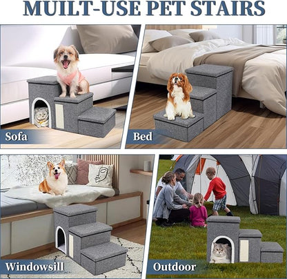 Dog Stairs for High Bed and Couch, 4 IN 1 Foldable Pet Stairs for Cats &amp; Small and Medium Dogs, Adjustable Dog Steps with Pet Climbing Ladders/Cozy Condo/Storage Boxes/Cat Scratcher, Hold Up to 180LBS