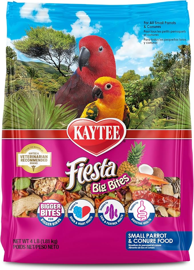 Kaytee Fiesta Big Bites Small Parrot &amp; Conure Food, Nutritious and Fun Blend, Supports Skin, Feather, Digestion, Brain and Heart Health, 4 pounds