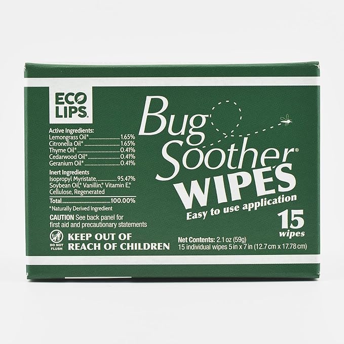 Bug Soother Wipes (15-ct) - Natural Mosquito Repellent &amp; Deterrent - 100% DEET-Free Safe Single-Use Bug Wipes for Adults, Kids, &amp; Pets - Made in USA