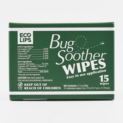 Bug Soother Wipes (15-ct) - Natural Mosquito Repellent &amp; Deterrent - 100% DEET-Free Safe Single-Use Bug Wipes for Adults, Kids, &amp; Pets - Made in USA