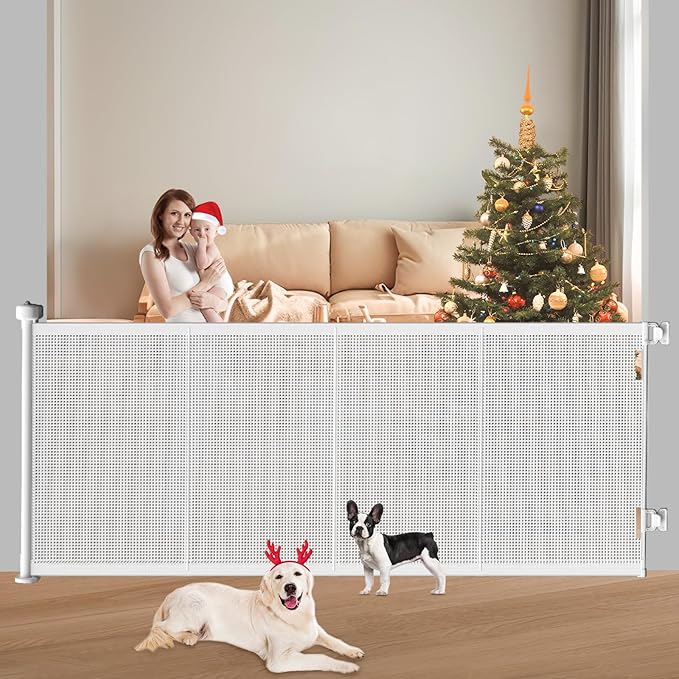 Pawtners Retractable Baby Gates Extra Wide, 41" Tall Extends up to 71" Wide, Dog Gate Indoor with for Stairs, Pet Gate with Support Rods for Doorways Hallways Indoor &amp; Outdoor-White