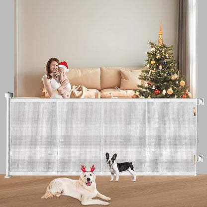 Pawtners Retractable Baby Gates Extra Wide, 41" Tall Extends up to 71" Wide, Dog Gate Indoor with for Stairs, Pet Gate with Support Rods for Doorways Hallways Indoor &amp; Outdoor-White